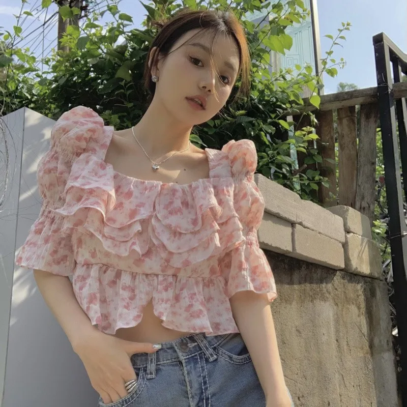 

Women's Shirts Flounces Exposed Navel Puff Short Sleeve Single Breasted Blouse Square Neck Flower Tie-Dyed