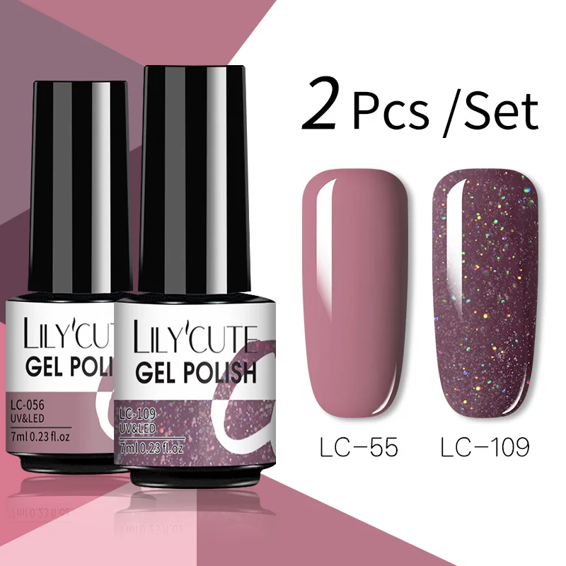 LILYCUTE 7ML Glitter UV Nail Gel Polish 2Pcs/Set Nude Color Series Semi Permanent Gel Nail Varnish Base Top Coat UV LED Gel Nail