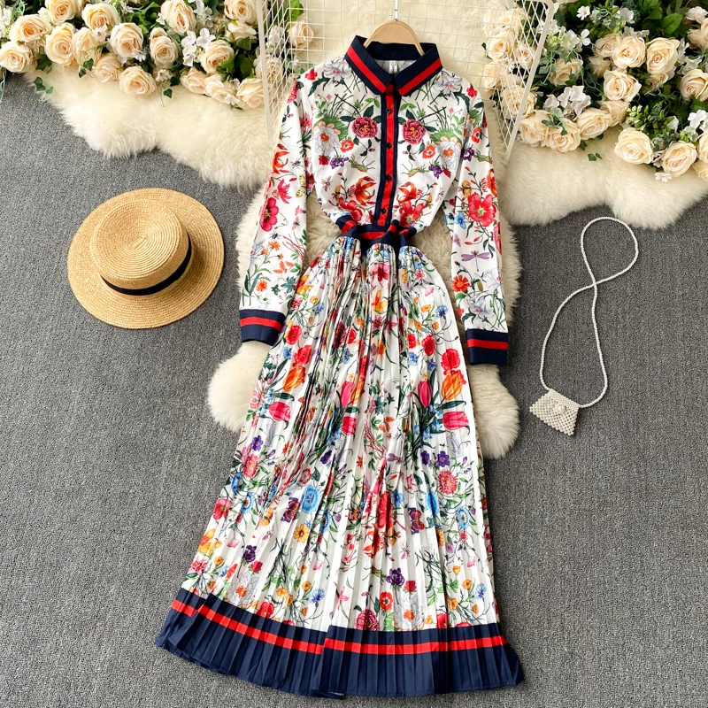 

2023 New Fashion Elegant Pleated Dress Women's Spring Printed Long Sleeve Single Breasted Long Dresses Korean Clothings Vestido