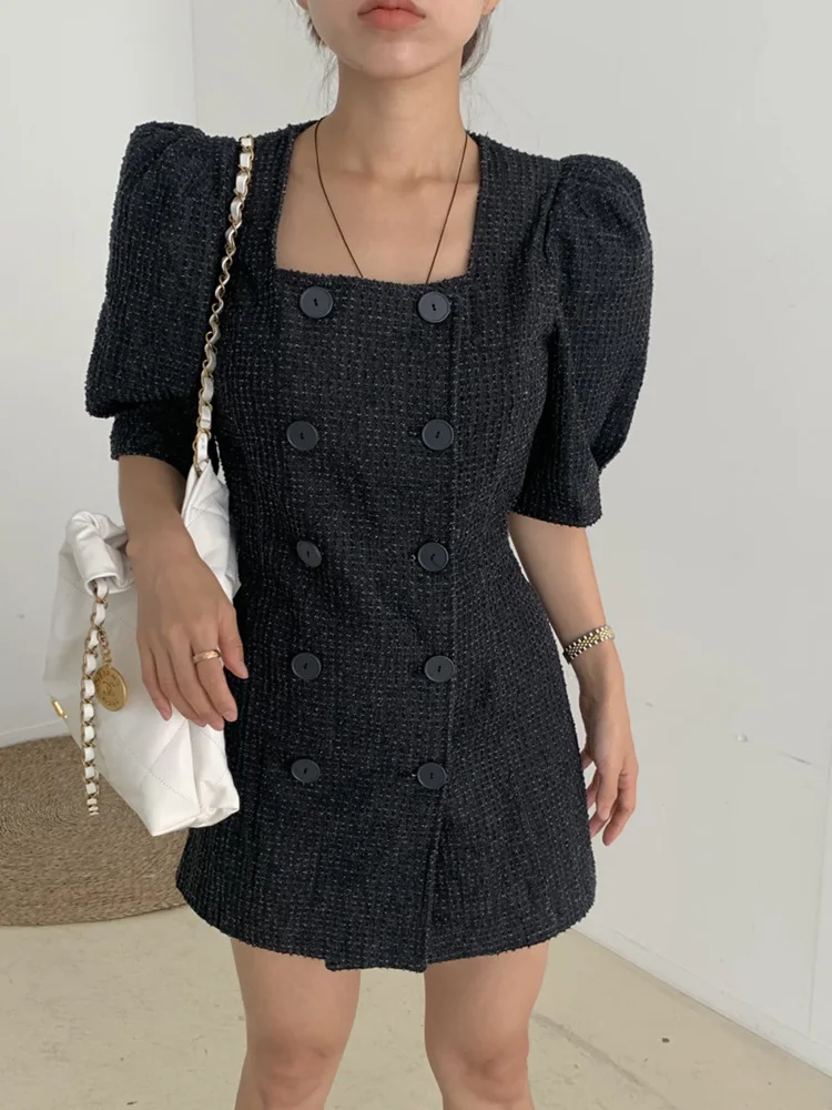 Vintage Temperament For Women Short Puff Sleeve Tweed Mini Dress Autumn Elegant Fashion Square Collar Casual Dress Vestidos