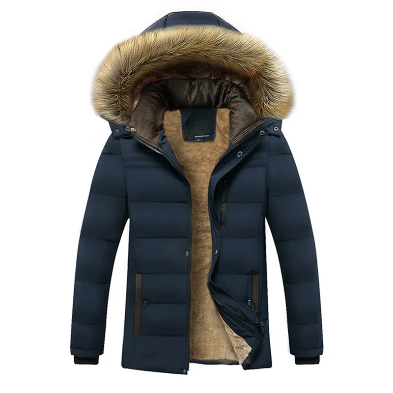 UHYTGF Winter Coats Men's Fleece Thicken Cold Proof Warm Jackets Male Fur Collar Hooded Windproof Parkas Men Cotton Overcoat 126