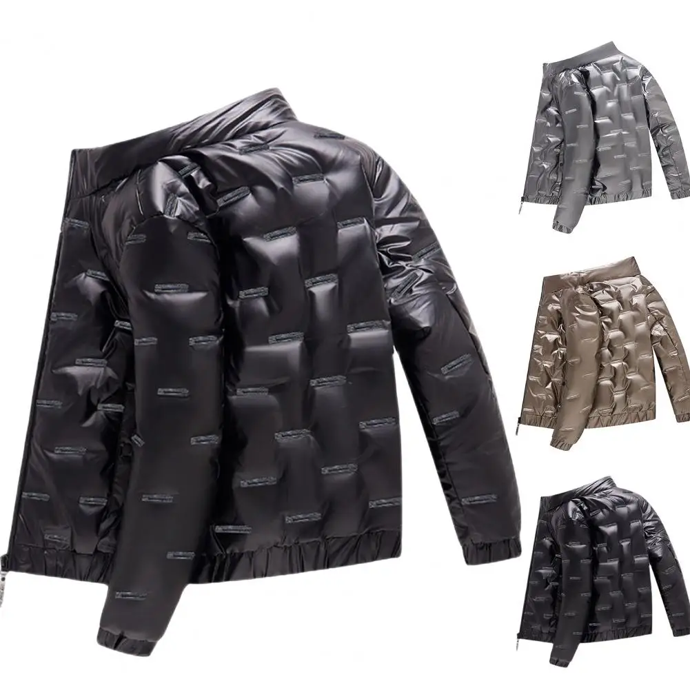 Winter Men Jacket Bright Surface Long Sleeves Stand Collar Cotton Padded Coldproof Pockets Coat Streetwear