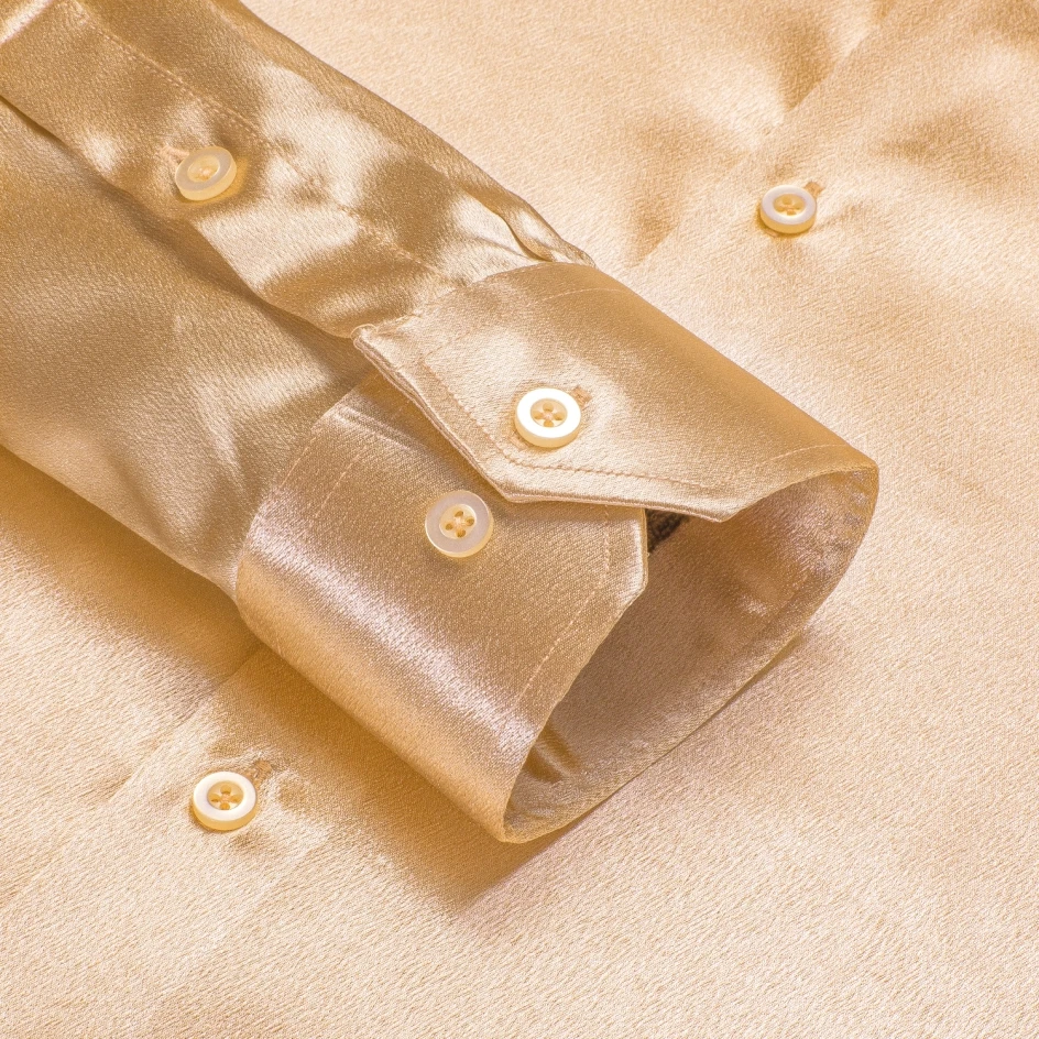 Hi-Tie Formal Plain Silk Mens Champagne Shirts Long Sleeve Pure Solid Satin yellow Suit Dress Shirt Casual Male Wedding Office