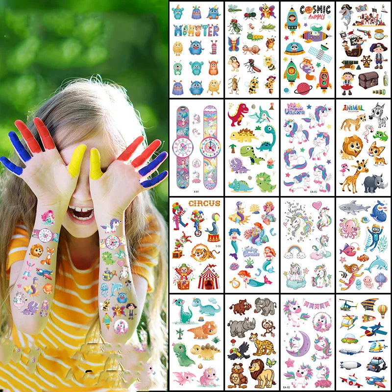 

Unicorn Temporary Tattoo Sticker Cartoon Animal Dinosaur Unicorn Pirate Waterproof Tattoo Kids Birthday Baby Shower Decoration