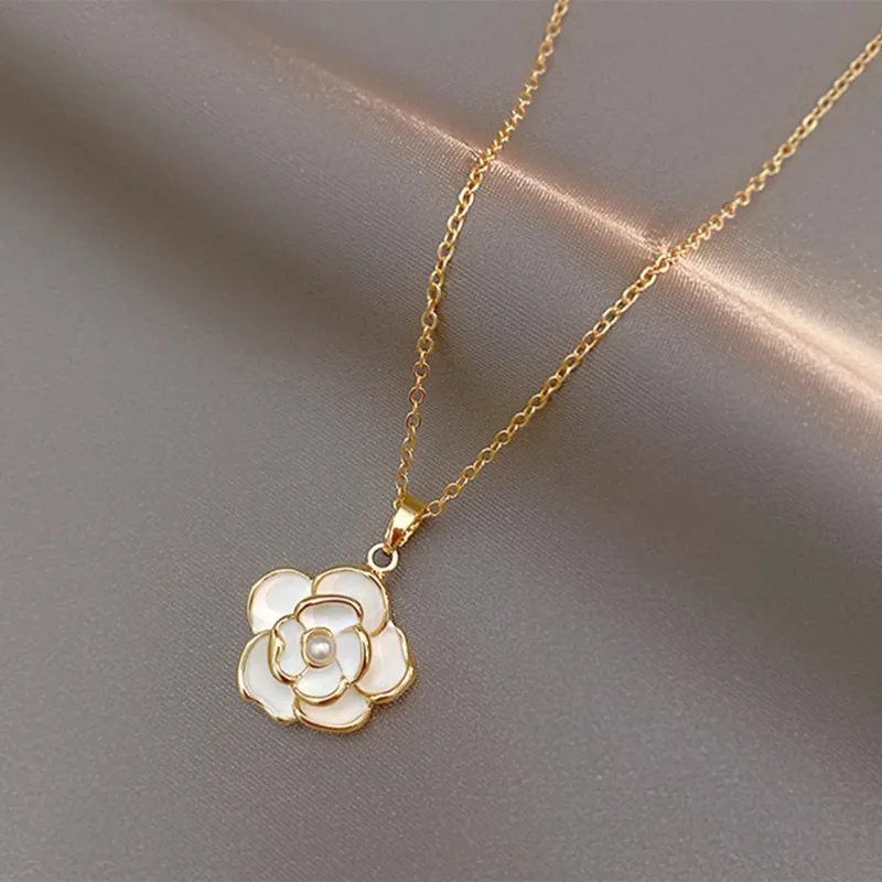 

French Romantic Elegant White Enamel Camellia Flower Pendant Necklace 2023 Women's Fashion Jewelry Luxury Accessories For Girls