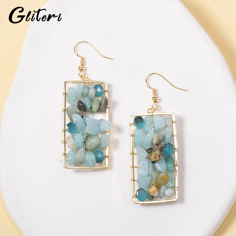 

GEITERI 1Pair Bohemia Crushed Stone Earrings For Women Square Natural Crystals Female Drop Earring Vintage Jewelry Wedding Gifts