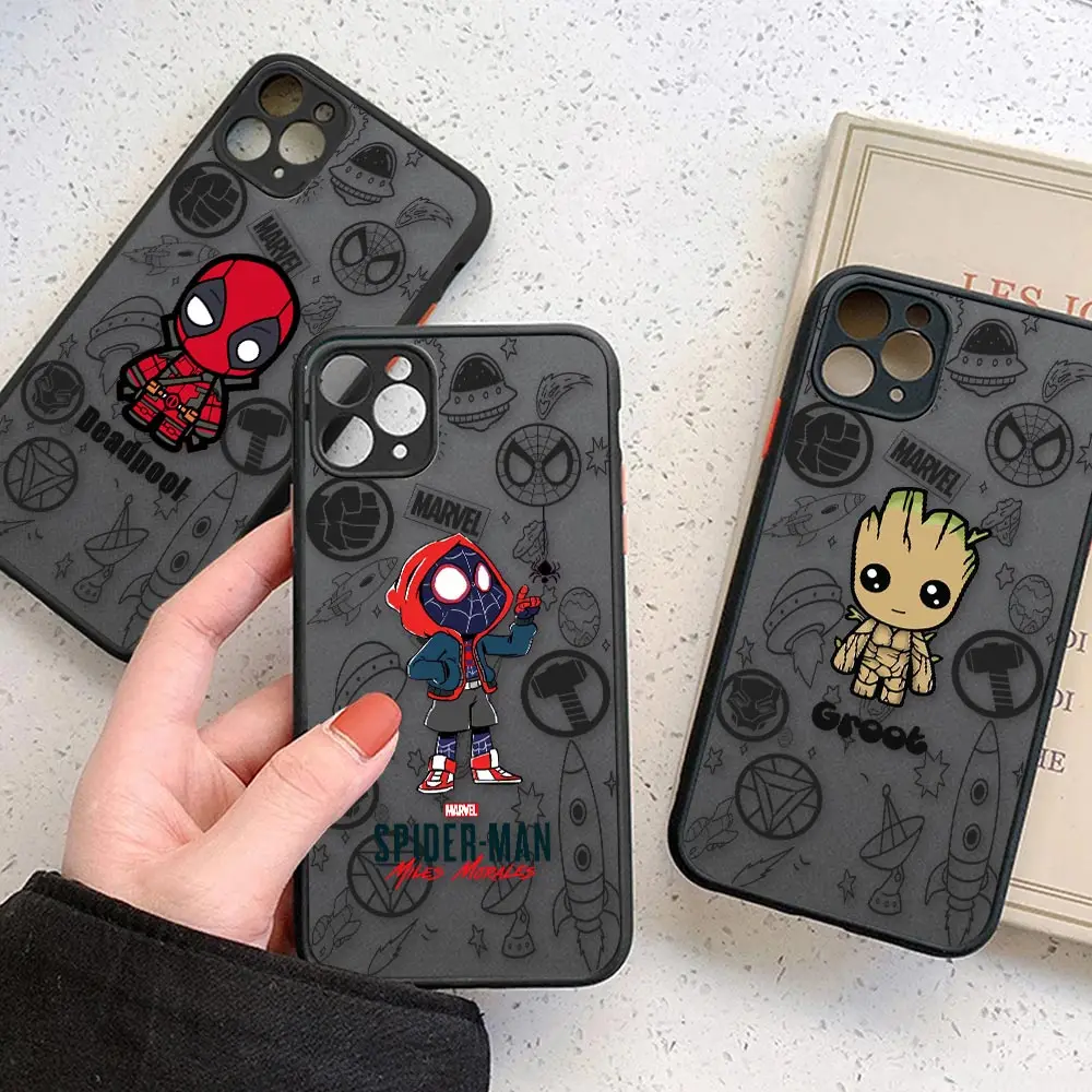 

Marvel The Avengers Matte Case For Apple iPhone 11 12 13 14 Pro Max XR XS 6s 7 8 Plus SE Cases Clear Funda Cover Spiderman Groot