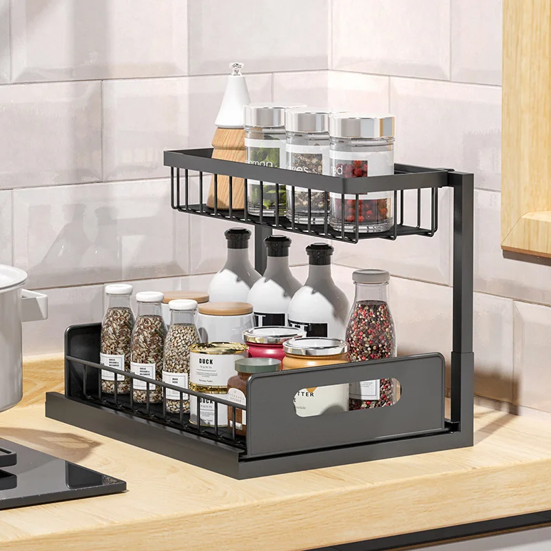 kitchen cabinet rack 2 tier under sink desktop organizer pull out spice sauces rack kitchen bathroom countertop rack supplies free global shipping