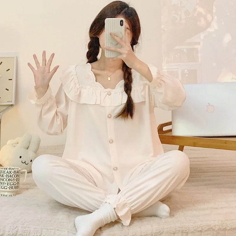 

Женские пижамные комплекты, домашняя одежда, хлопковые брюки с длинным рукавом, шелковая Домашняя одежда из 2 предметов, одежда для сна с длинным рукавом, пижамы 7XL, Ночная одежда