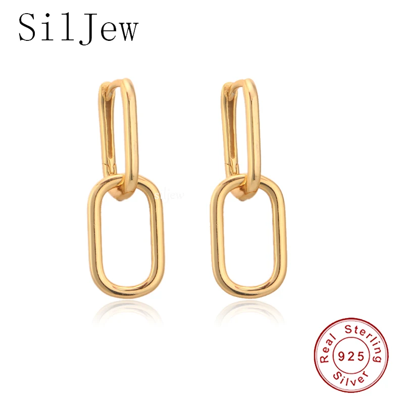 

SilJew 925 Sterling Silver 2021 Circle Chain Drop Earring Wedding Fashion Plain Simple 2 Circle Wedding Jewelry Clips Oorbellen