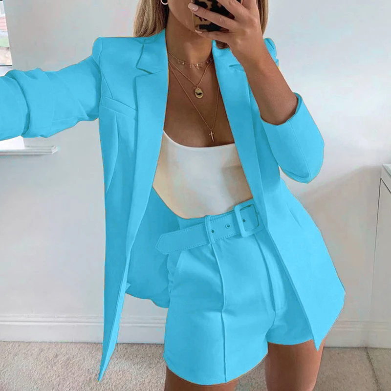 Women Office Two Piece Set Cardigan Blazer Suit 2022 Soring Summer New Casual Lady Long Sleeve Blazers Jacket Shorts Sets