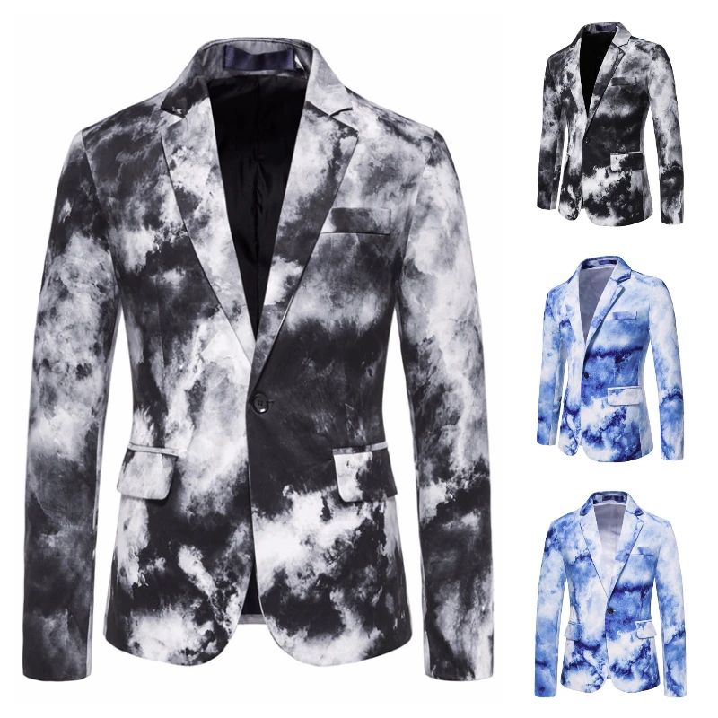 

Autumn and Winter New Men's One-button Tie-dye Printing Business Casual Style Non-iron Suit Long-sleeved Dress Costumes Youth