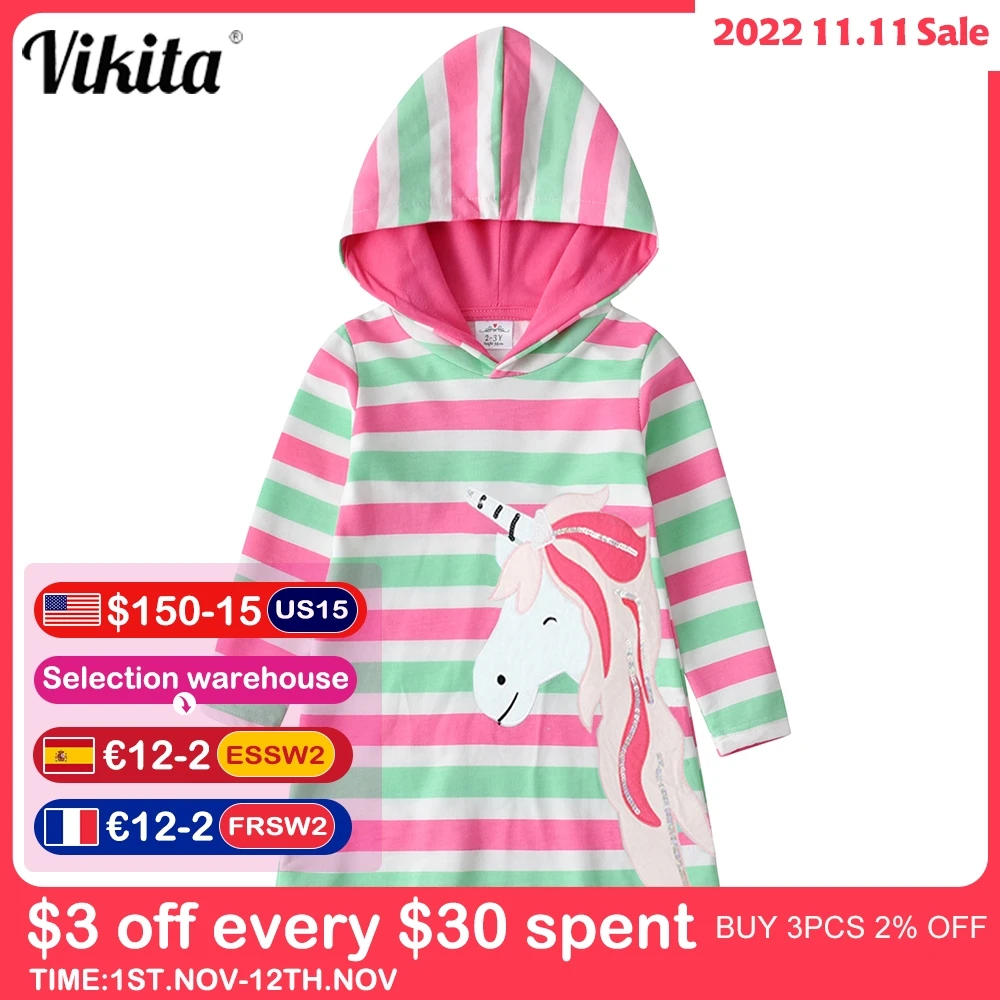 

VIKITA Hoodies Dress for Girls Autumn Winter Long Sleeve Hoodies Cotton Dresses Toddlers Striped Vestidos Kids Unicorn Clothing