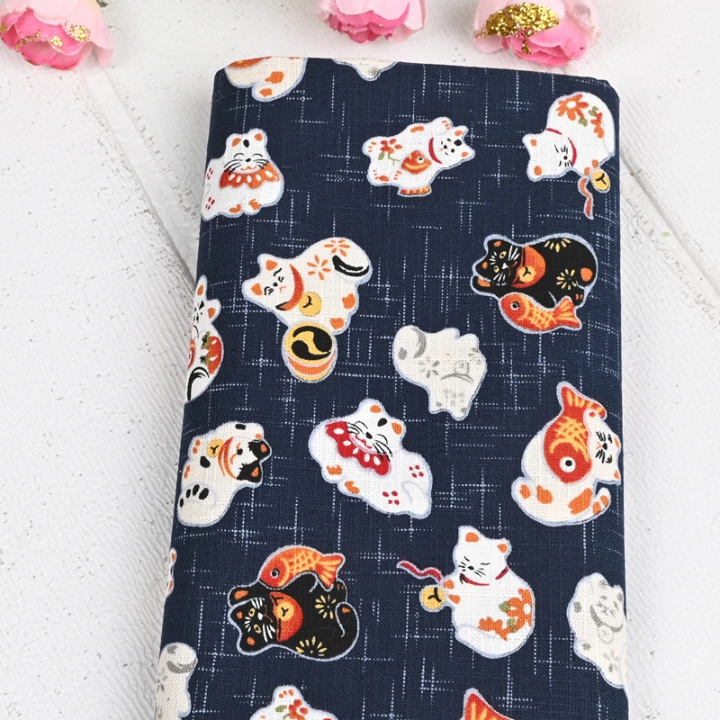 

Half Yard Slub Cotton Fabric With Fortune Cat Print, Handmade DIY Bag Garment Sewing Material 100% Cotton CR-1730