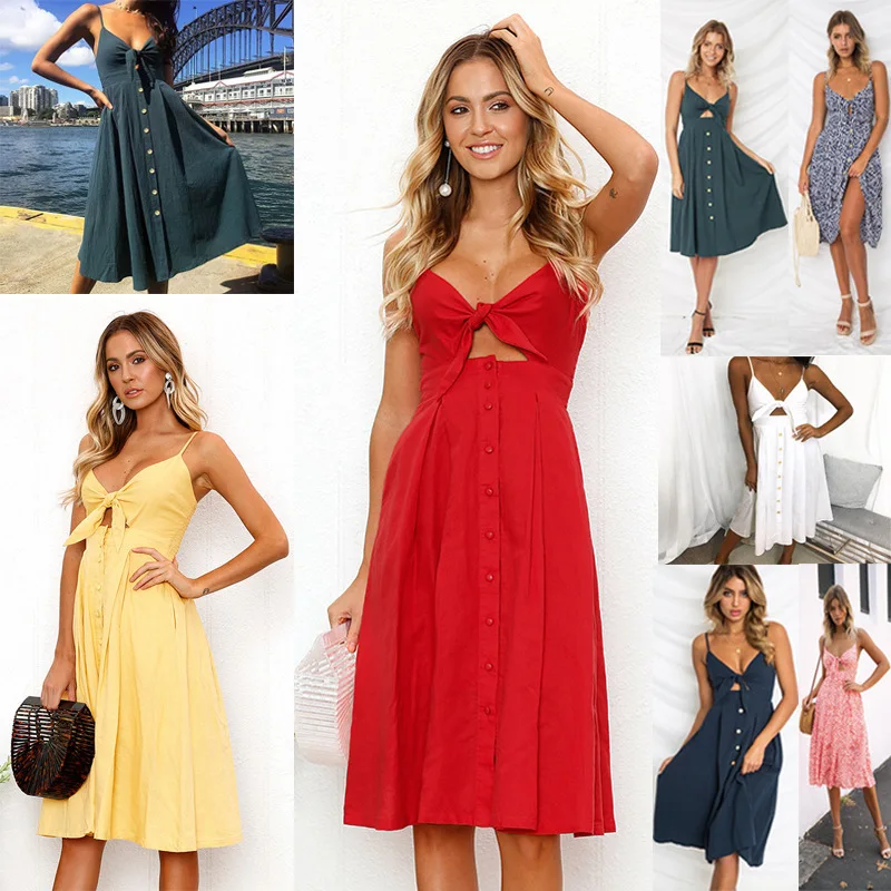New sexy fashion strap button halter bow dress