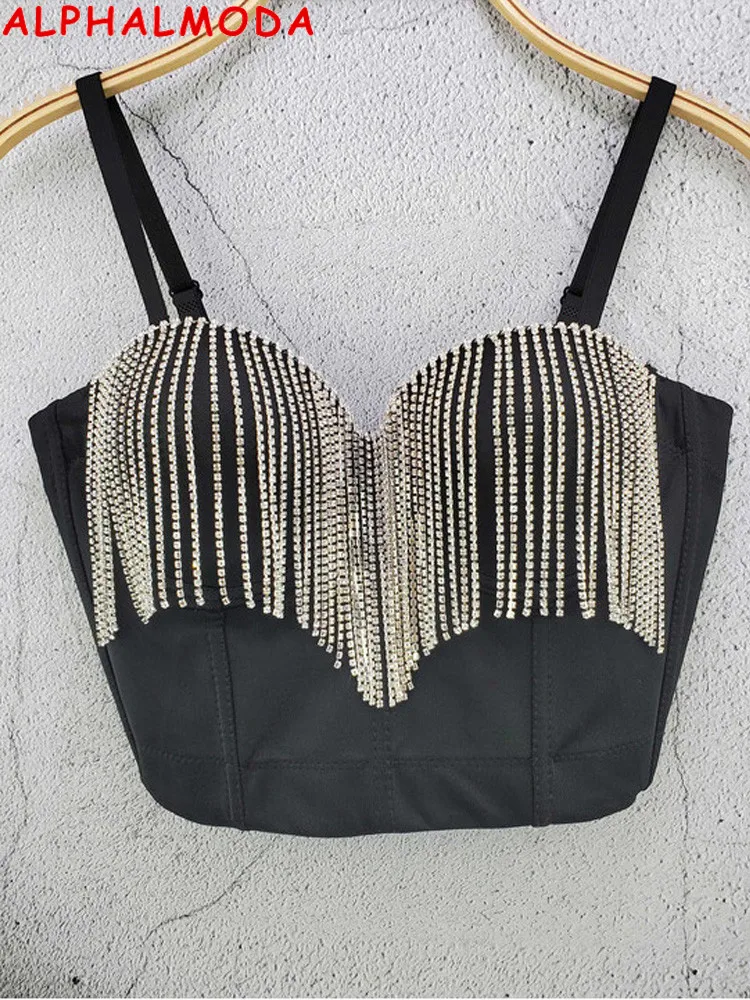 

ALPHALMODA 2022 Summer Chic Crystal Tassel Sexy Women Crop Top Bustier Top Ladies Luxury Style Under Bra Cup