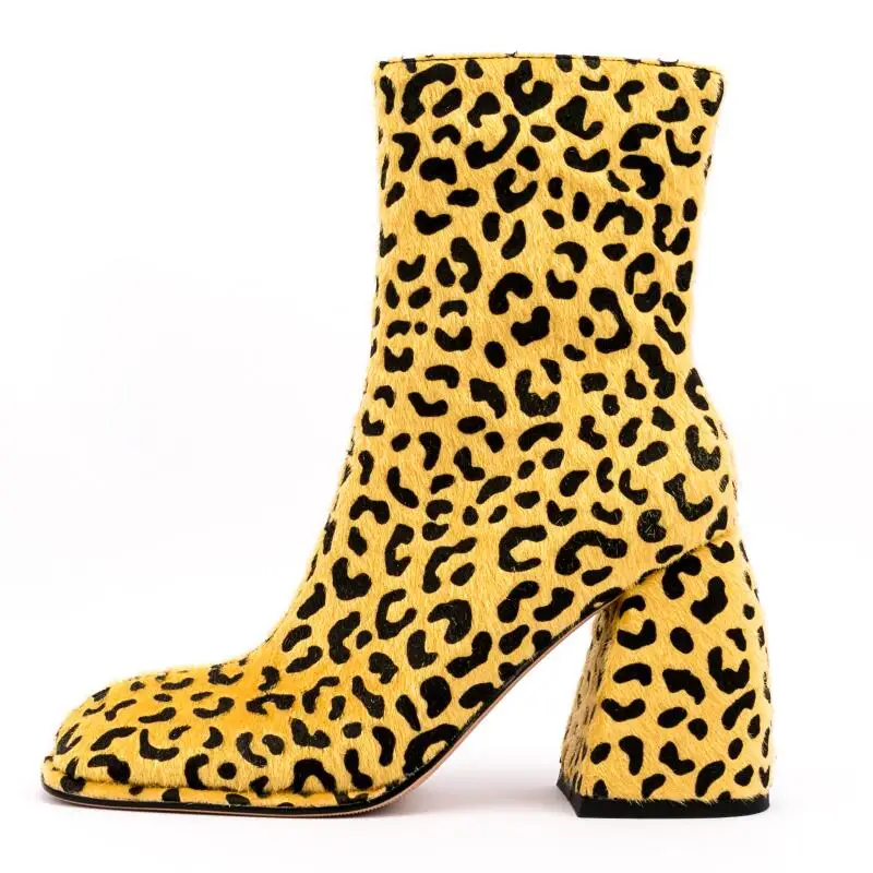 

Women's Sexy Horse Hair Leopard Print Ankle Boots 2022 Autumn Winter New Fashion Thick Heel Martin Boots Yellow Big Size 34-43