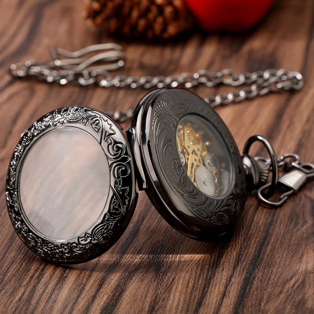 Black Carved Pattern Transparent Glass Manual Mechanical Pocket Watch Gold/Rose Gold Roman Numeral Dial Hand-Wind Pocket Clock