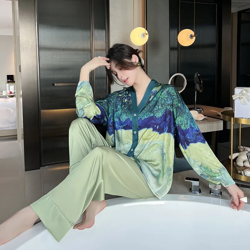 Ice Silk Pajamas Female Spring Summer Long-sleeved Pajama Cardigan Temperament Print Suit Wear Outside Women Home Clothes Suits