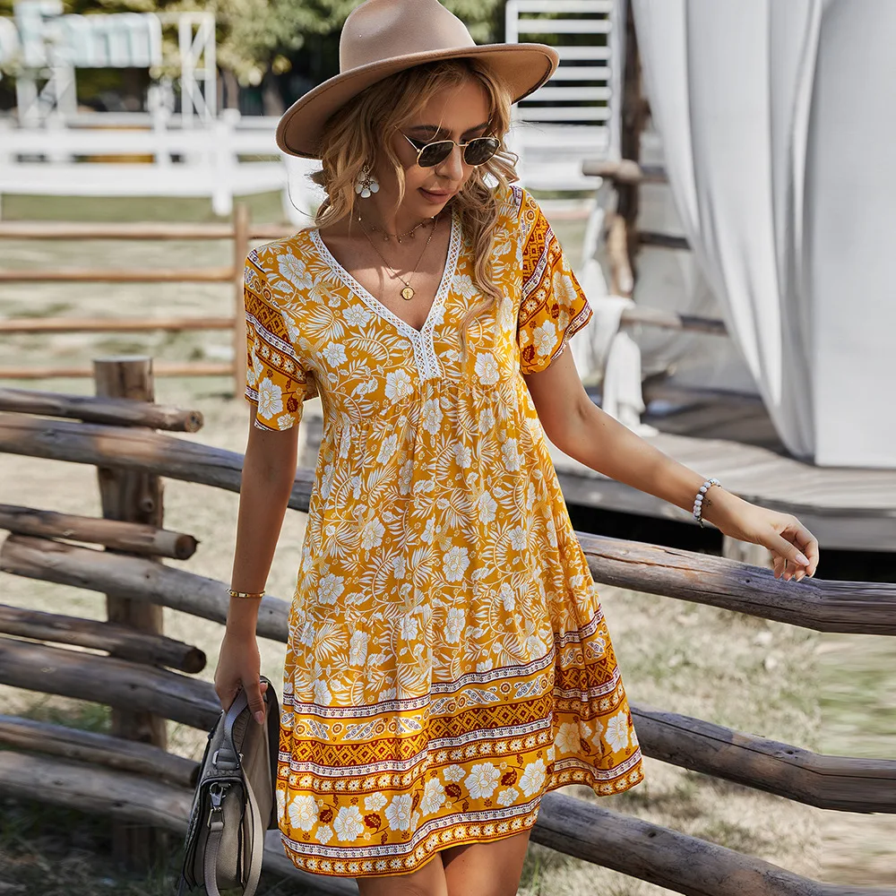 

Summer Short Sleeve Woman Dress Casual V-neck Printed Vestido Woman Dresses
