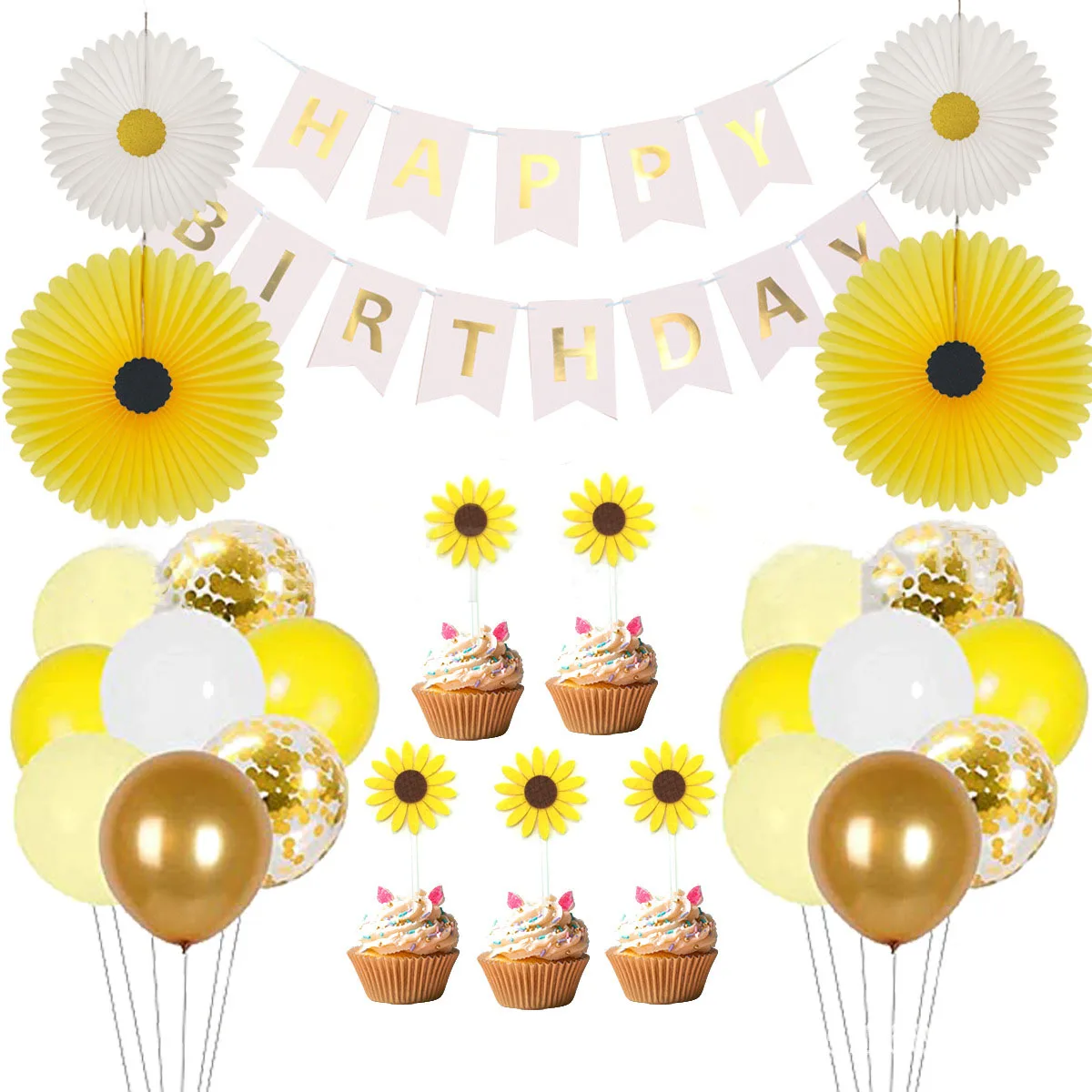 

JOLLYBOOM Sunflower Theme Party Yellow Gold Confetti Balloon Set Sunflower Cupcake Topper Paper Fan for Kids Birthday Decoration