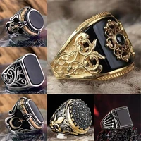 vintage mens silver color big black zircon stone open ring for male geometric irregular pattern adjustable jewelry wholesale