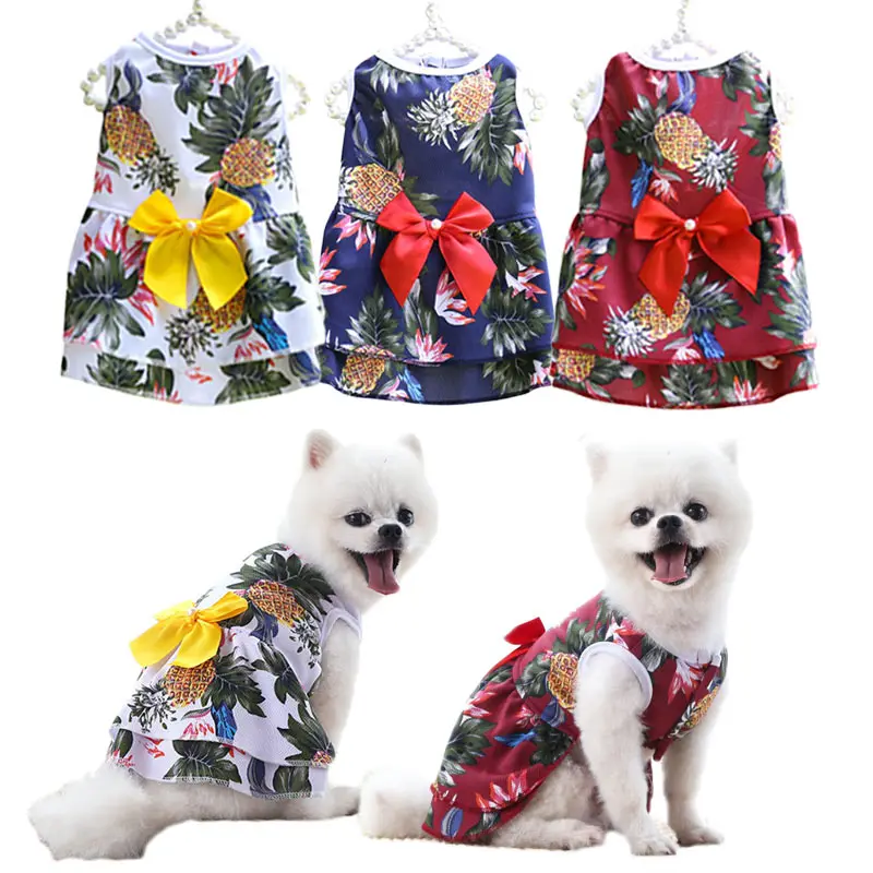 

Pet Dog Clothes Dress for Small Dogs Cat Vestido Clothing Overcoat Bowknot Hawaiian Luxury Pineapple Seaside Summer Teddy Pug