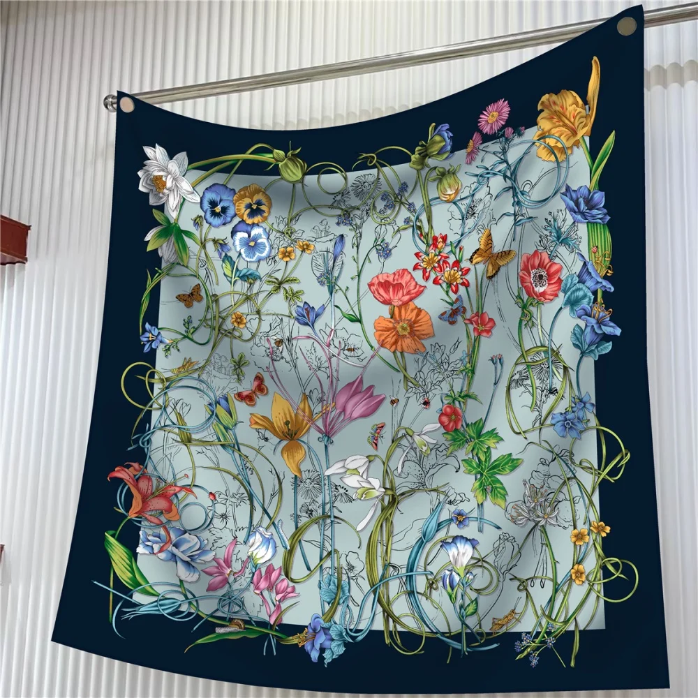 Silk Scarf Women Floral Printed Square Scarves Head Echarpes Foulards Femme Wraps Beach Shawls Bandana Lady Hijabs 90CM