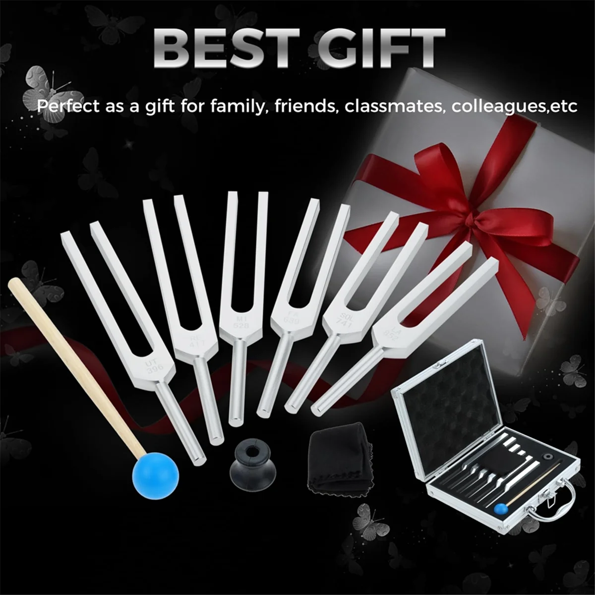 Комплект вилок для настройки 6 (UT 396 Гц RE 417 MI 528 SOL 639 fa741гц LA 852 Гц) с деревянным