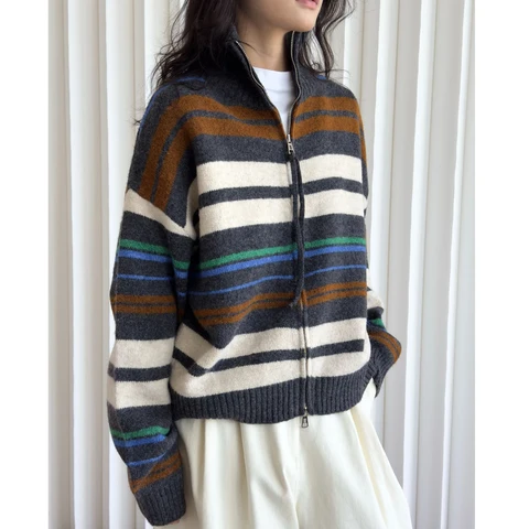 2024, женский полосатый вязаный свитер с воротником-стойкой, кашемировые кардиганы с длинными рукавами, одежда, топы для женщин, свитер Pull Femme