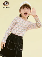 a21 girls knitted long sleeved t shirt stretch slim round neck casual sports spring autumn new striped 3d flower childrens top
