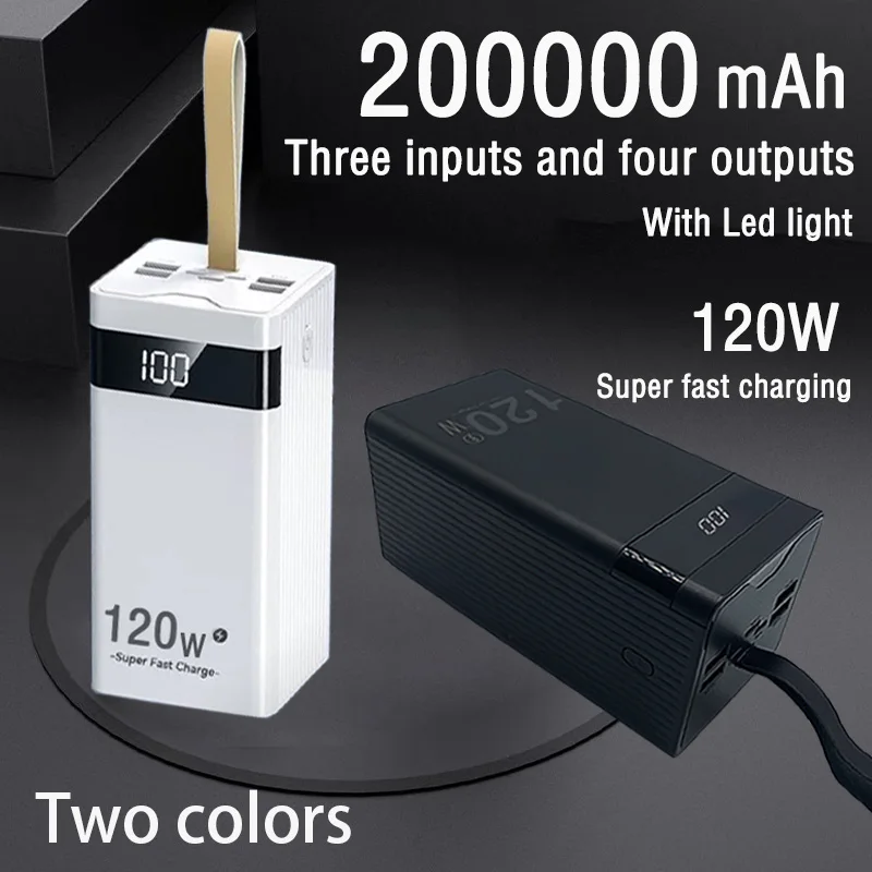 

200000mAh large capacity 120W ultra fast charging intelligent digital display screen with LED outdoor mobile power supply