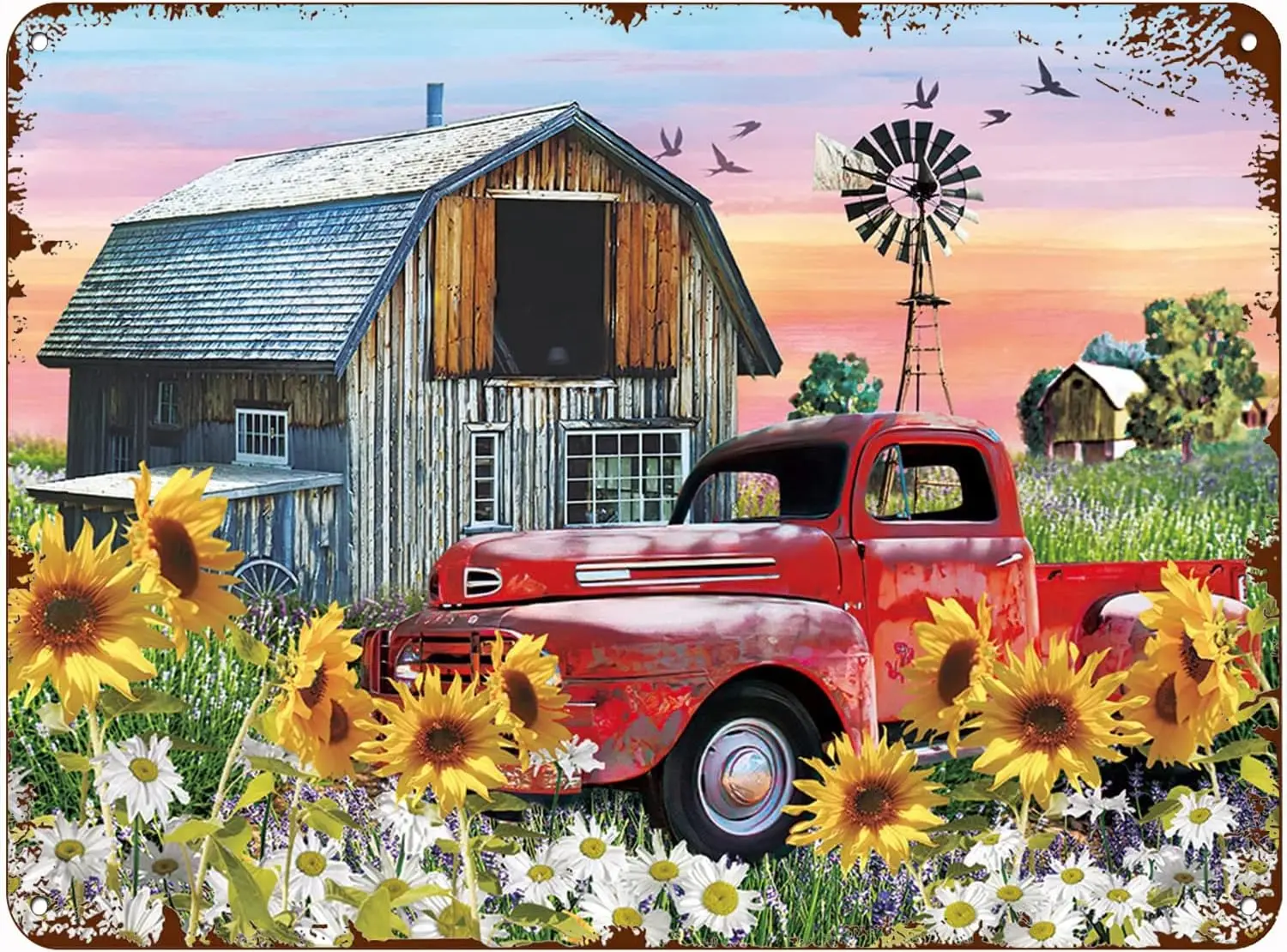 Забавный Metl Br Sgns ntque Sgn Frmhoe Красный грузовик Подсолнух Tn Vntge Decoon Grge Home Grden Cfes Ktchen Wll