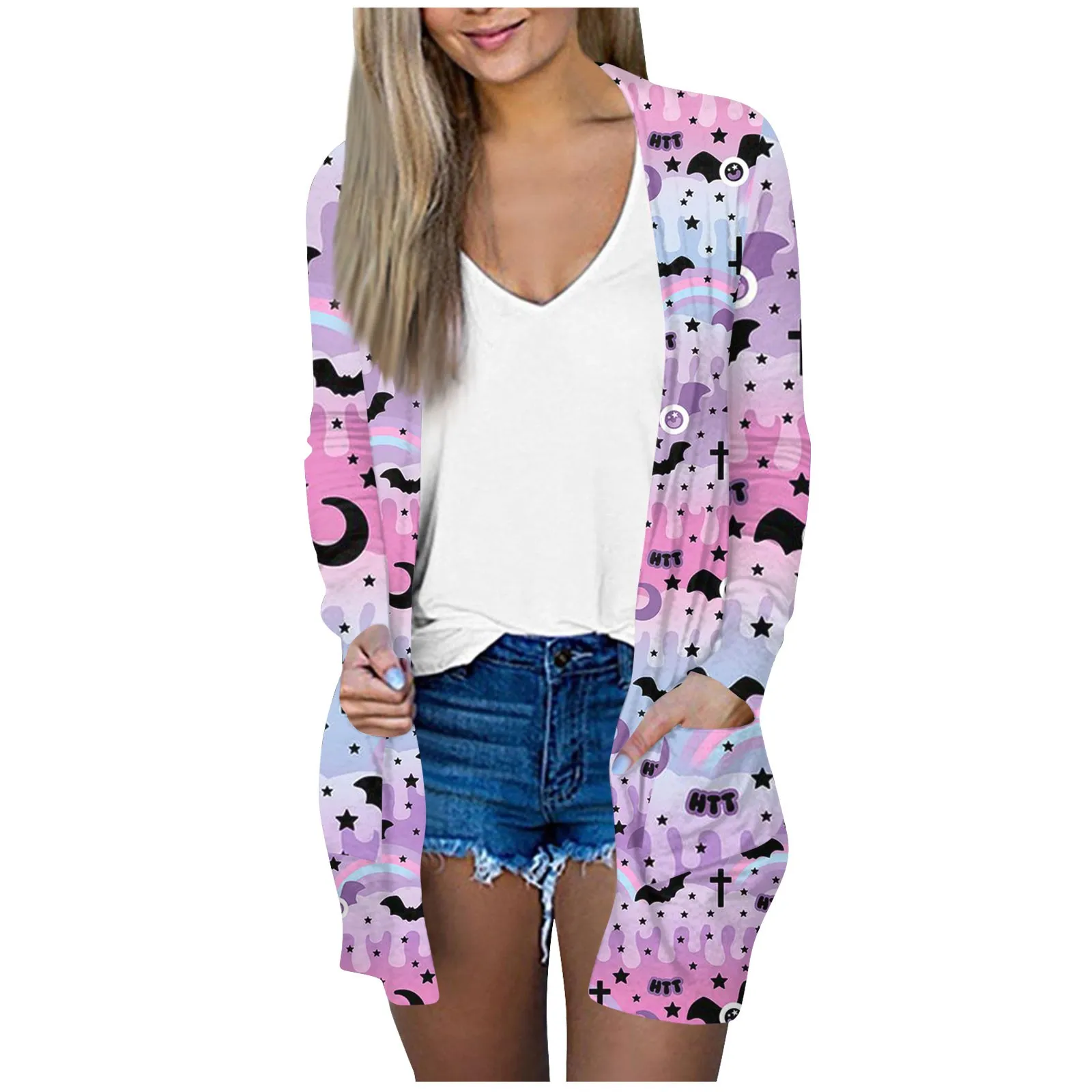 

Зимняя одежда, женский кардиган с принтом на Хэллоуин, свободная повседневная верхняя одежда с длинным рукавом, модная утепленная шаль, свитер, кухонная одежда