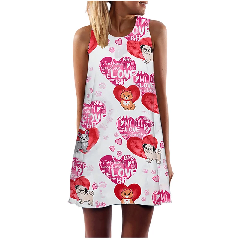 

New Colorful Heart Print Mini Dress Summer Women's Party Beach Sundress Valentine's Day Sweat A-Line Loose O-Neck Tank Dress—003