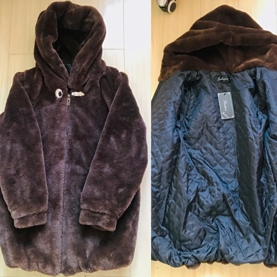 Winter Hooded Mid-length Faux Mink Fur Coat Loose Women Warm Thick Overcoat Oversized 5XL Plush Soft Parka Korean Outwear Jacket