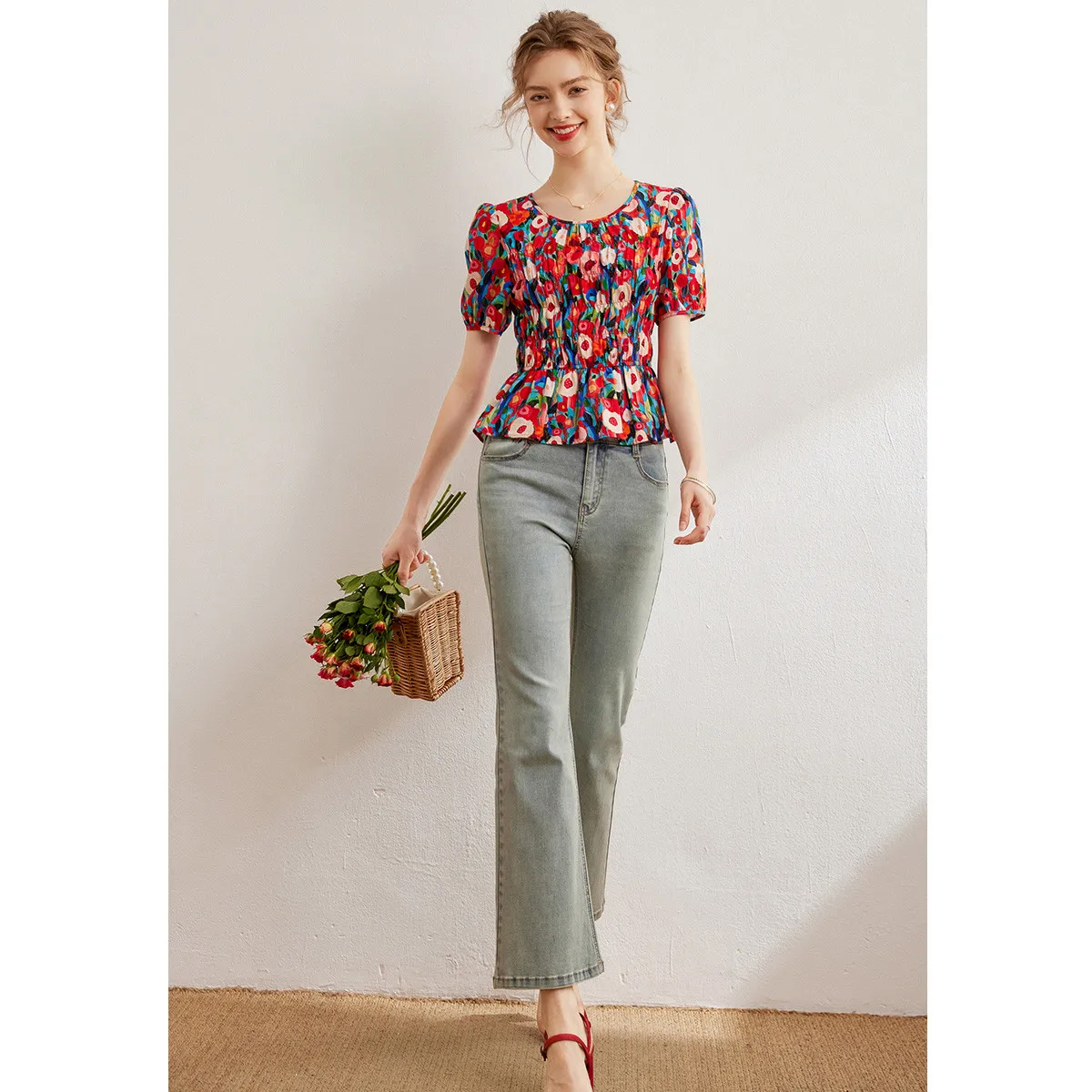 Рубашка LOUIS YAO с цветочным принтом блузки из 100% хлопка лето 2024 приталенный