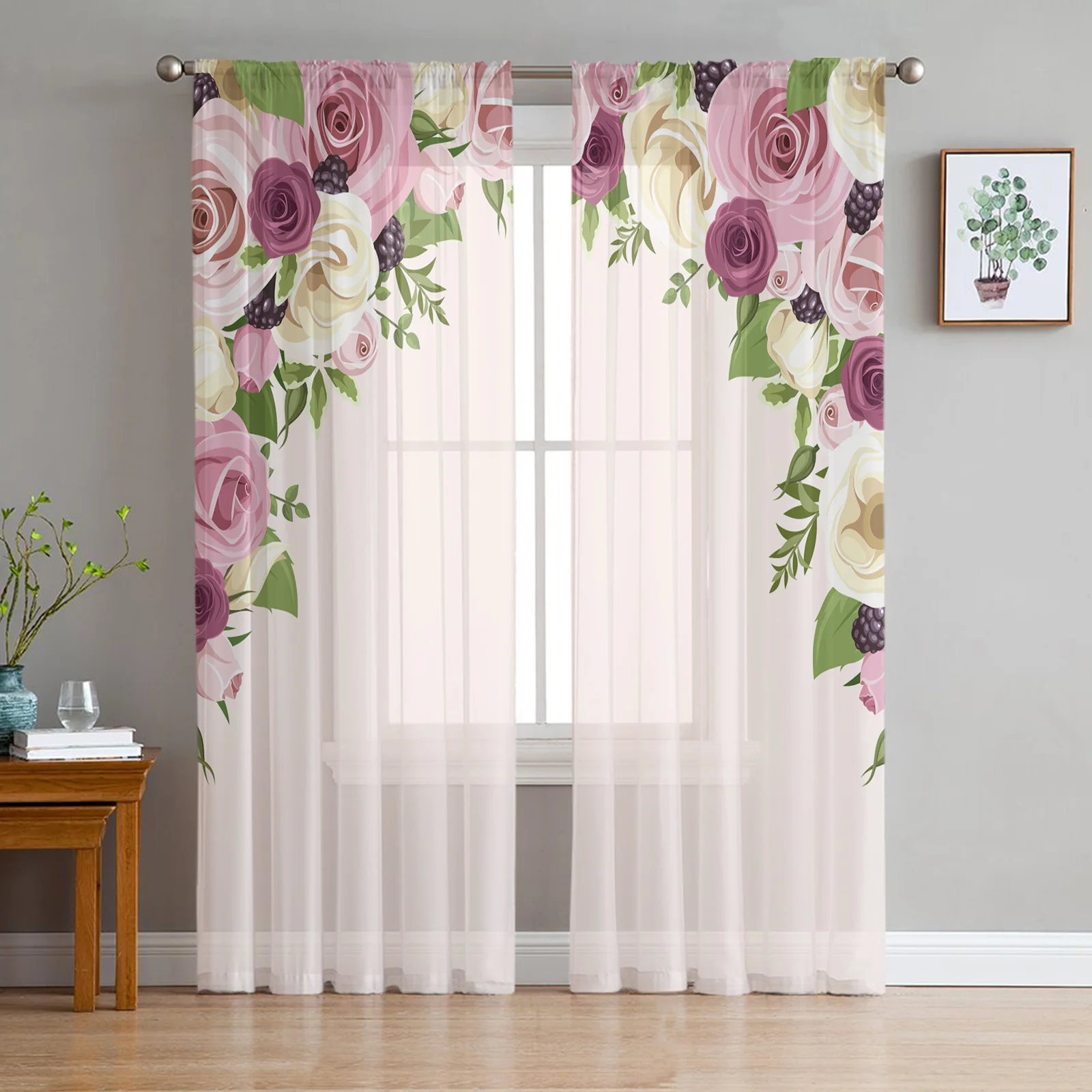 

Pink Rose Flower Print Sheer Window for Living Room Chiffon Tulle Floral Window Panel Curtains for Bedroom