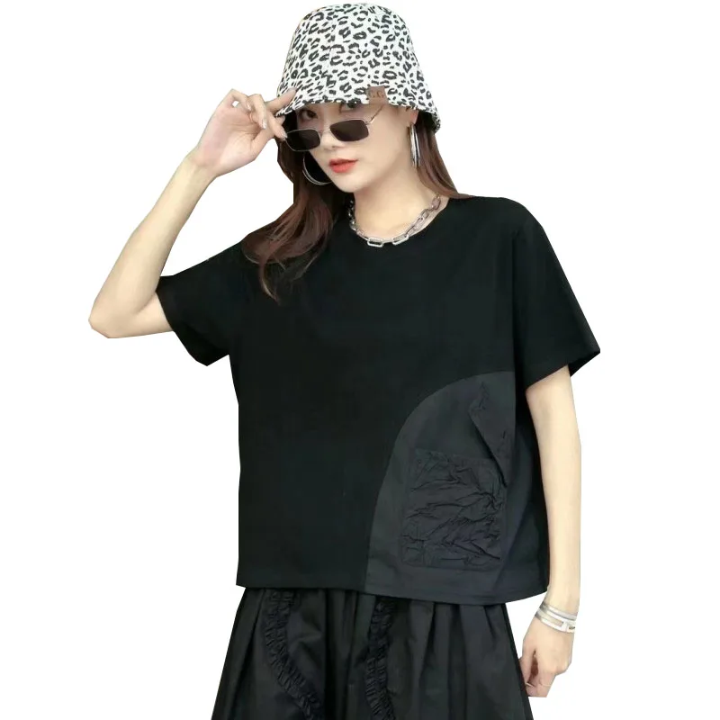 

Y2k женская футболка, топы с круглым вырезом, короткий рукав, лоскутные карманы, топы, летняя новая мода, уличный стиль, Повседневная Свободна...