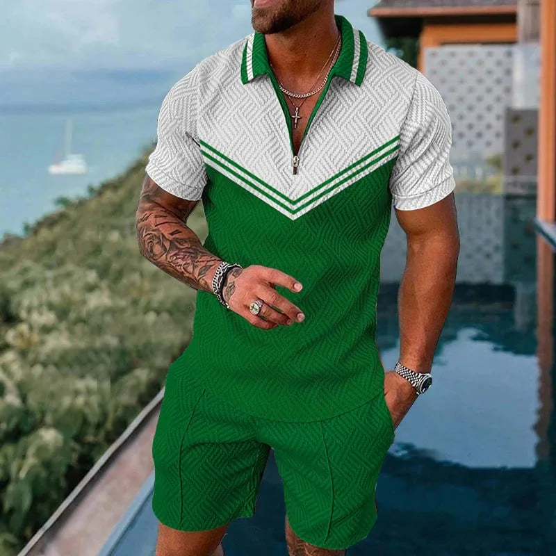 Summer Men's Tracksuit Short Sleeve Polo Shirt Set 3D Print Zipper Lapel T-shirt Shorts 2 Pieces Casual Suit Streetwear Outfit