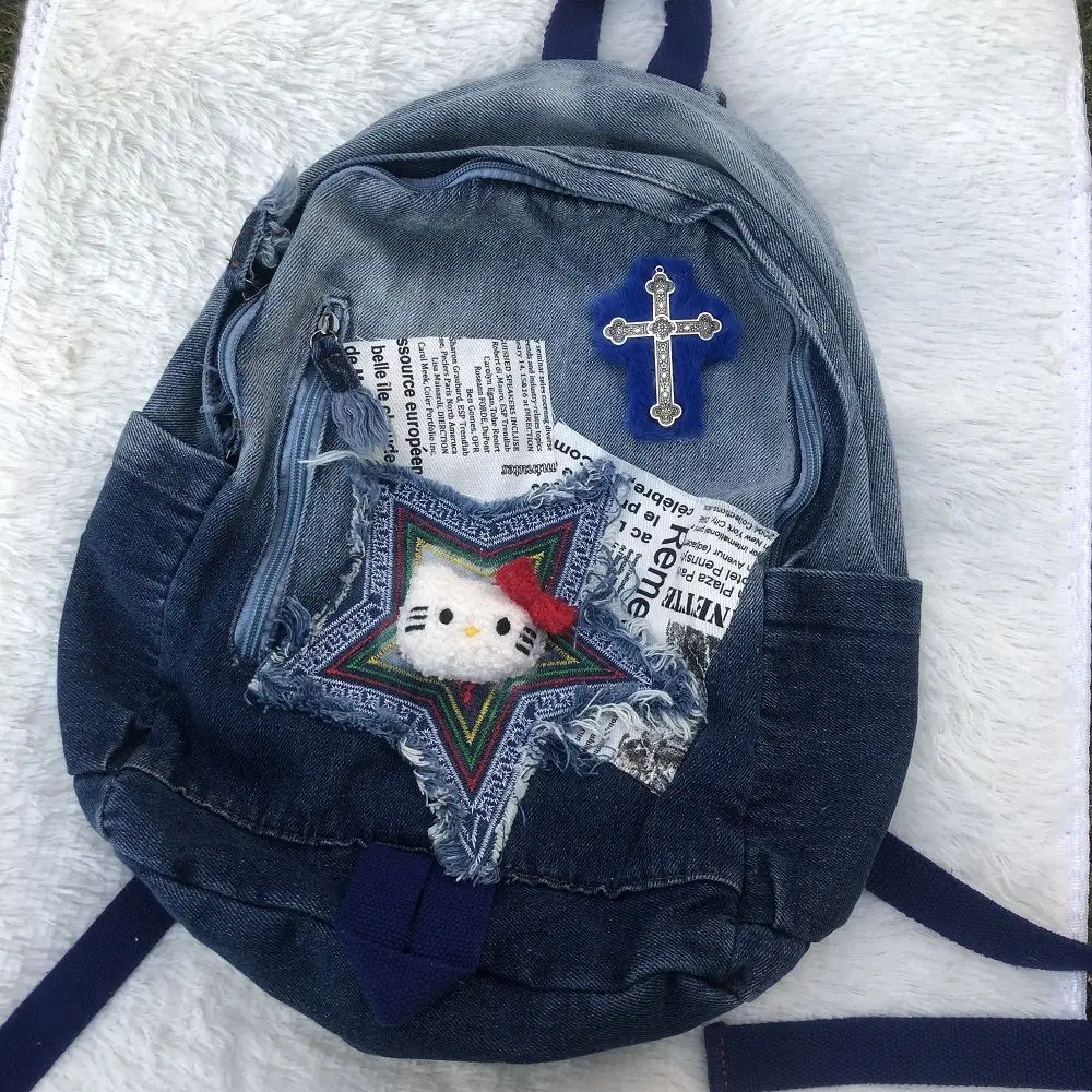 

Kawaii Backpack Sanrio Devil Hello Kitty Schoolbag Cute Anime Gradual Denim Large Capacity Messenger Bag Girl Christmas Gift