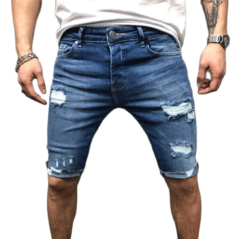 

Men Ripped Short Jeans Bermuda Cotton Shorts Breathable Blue Denim Shorts Male Destroyed Skinny Hole Short Jeans For Men 2021