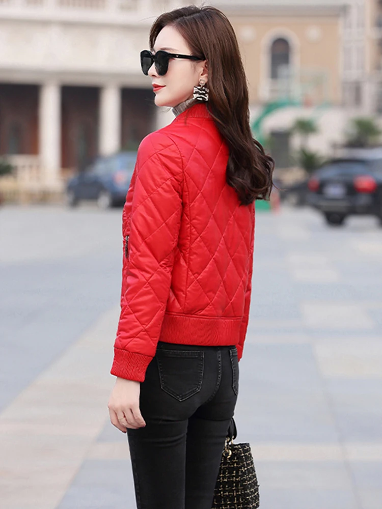New Women Leather Down Jacket Autumn Winter Casual Fashion Baseball Style Warm Sheepskin Short Coat Split Leather Slim Jacket