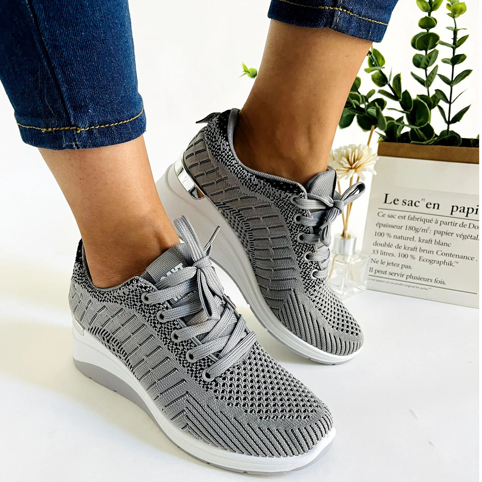

Women Sneakers Knitting Flats Lace Up Slip On Ladies Breathable Wedges Shoes Platform Casual Comfortable Female Sneakers tenis