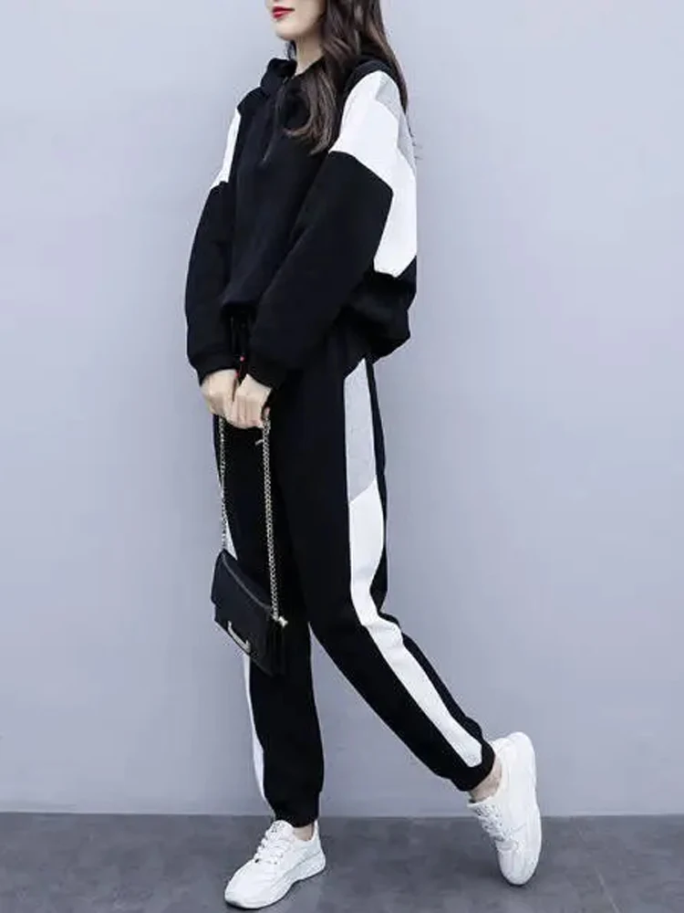 

Женский спортивный костюм YICIYA, костюм с брюками, женский костюм в стиле пэчворк, костюм из двух предметов, куртка контрастных цветов с капюш...