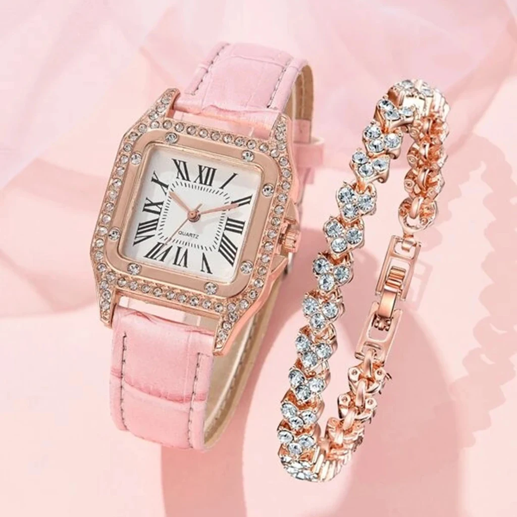 

Women Watch Square Dial Watches Set Ladies Leather Band Quartz Wristwatch Diamond Bracelet Female Clock Zegarek Damski
