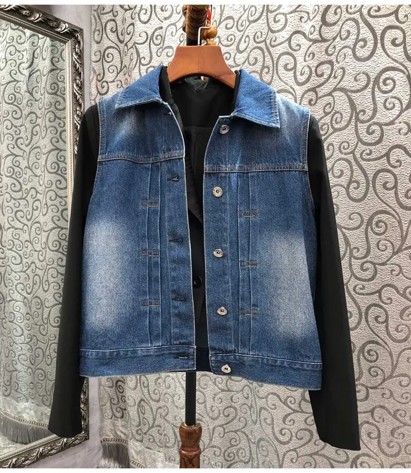 

Женский Повседневный комплект из двух предметов, пиджак с длинным рукавом и джинсовый жилет из хлопка, весна-осень 2023