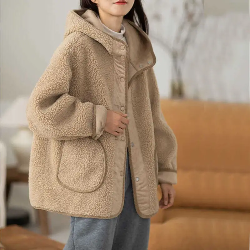 

Women's Autumn and Winter Fashion Wear Both Sides Woolen Jacket New Casual Hooded All-match Warm Lamb Plush Cotton Coat 2023