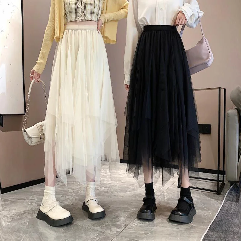 

2023 New Mesh Mid Length Skirt High Waist Irregular A-line Swing Dress Faldas Fashion Clothes for Women Skirts