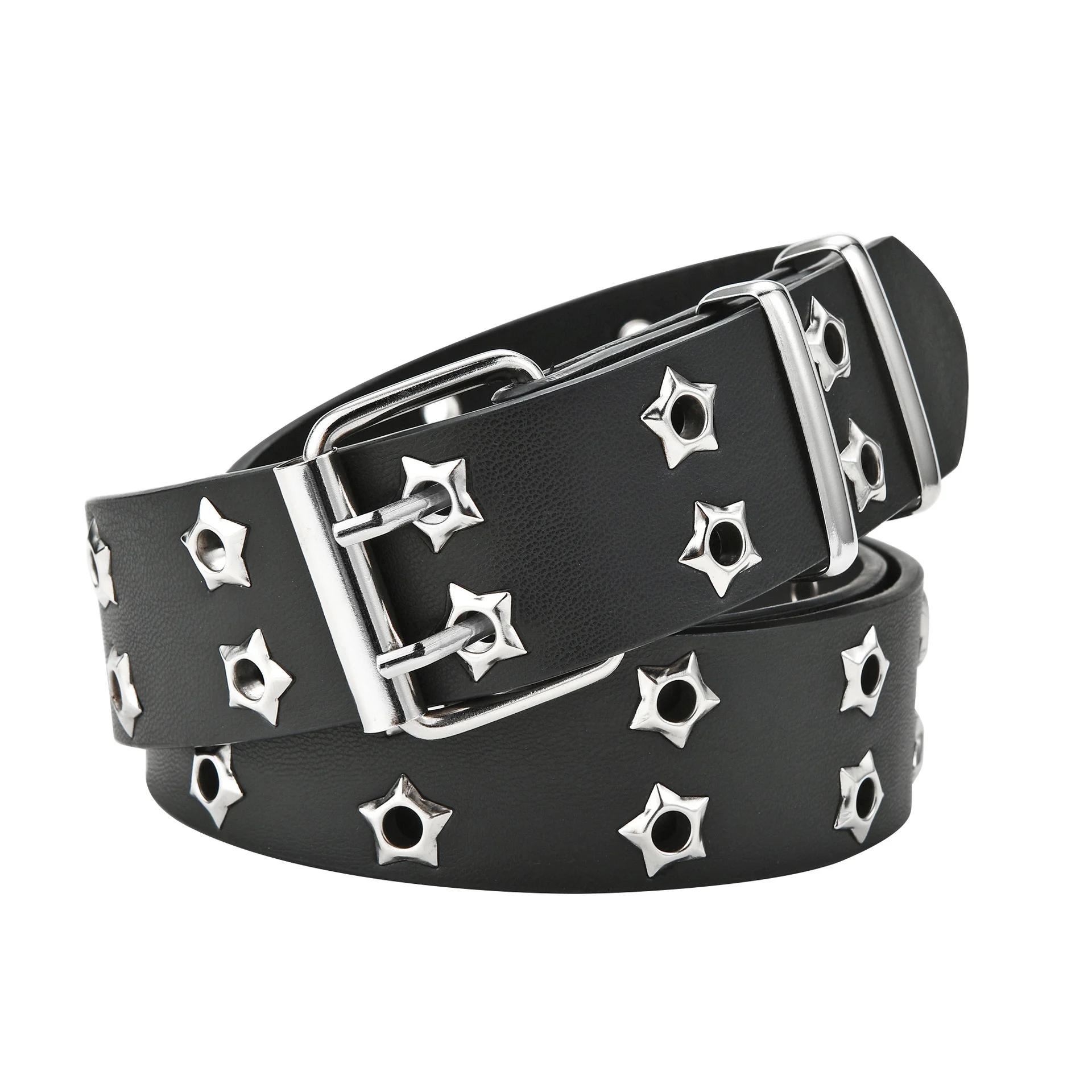 NEW Star Eye Rivet Belt Goth Style Double Pin Buckle Man/woman Fashion Casual Puck Style Pu Leather Waisand for Jeans Young